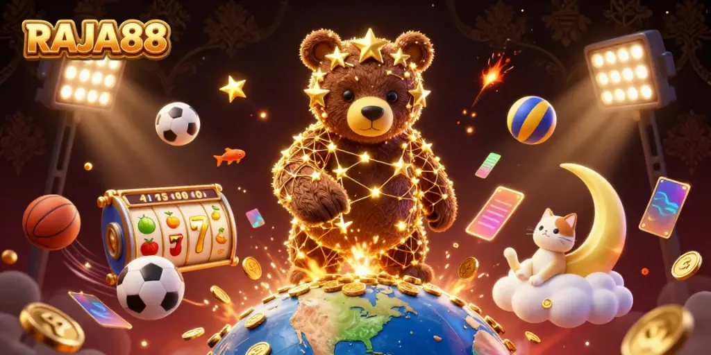 Engage with RAJA88's exciting slots and games while winning coins in an enchanting casino scene.