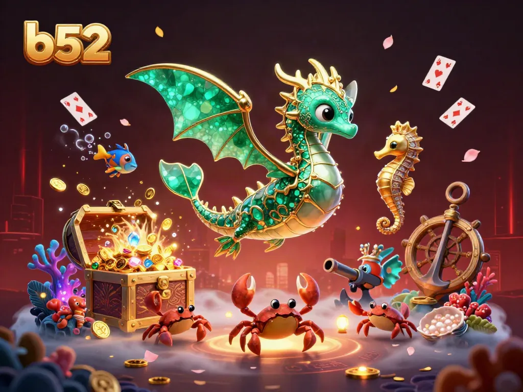 Experience thrilling b52 gaming with a majestic sea dragon and treasure elements in a vibrant underwater scene.
