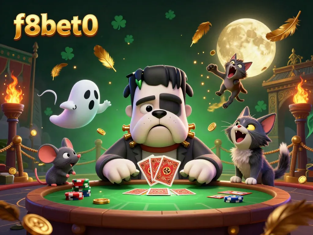 Engage with f8bet0 in an immersive 3D casino scene featuring a bulldog dealer amidst a thrilling atmosphere.