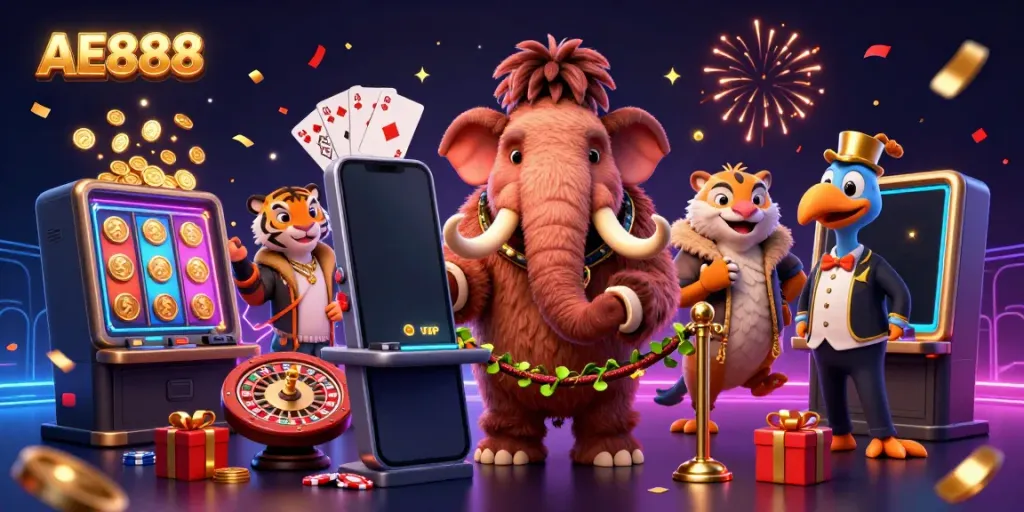 Join the AE888 casino adventure with mammoth bouncer, saber-tooth guest, and festive gaming atmosphere.