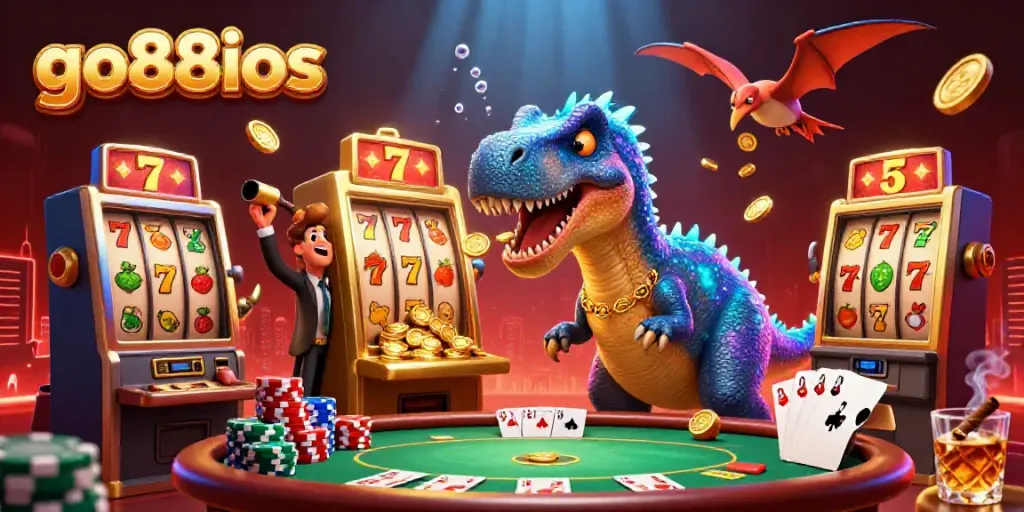 The go88ios casino scene showcases a dinosaur-themed slot jackpot with colorful elements and dynamic action.