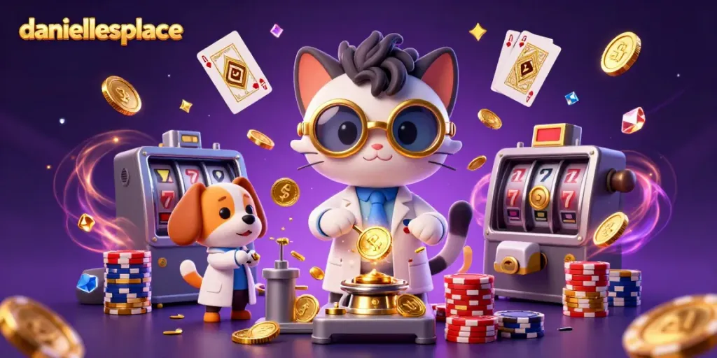 Daniellesplace showcases a lively casino scene with golden coins, vibrant slot machines, and interactive gaming characters.