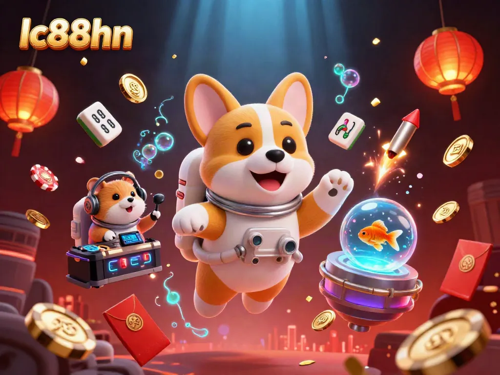 Enjoy immersive gaming at lc88hn with a lively space casino scene featuring a playful corgi.
