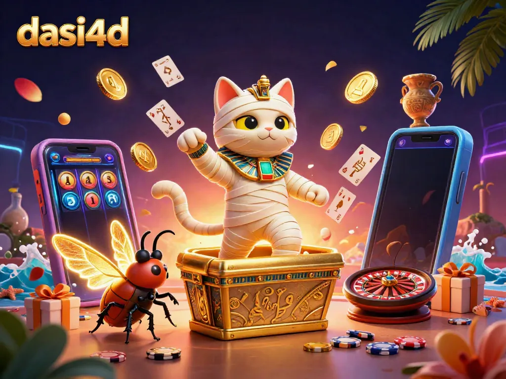 Experience the excitement of dasi4d with a playful mummy cat and golden gaming elements in a vibrant pyramid casino.