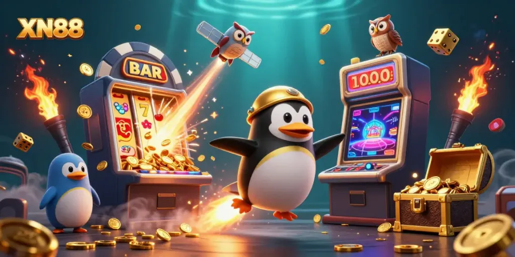 Experience the excitement of XN88 with a golden penguin and jackpot slot explosion in space.