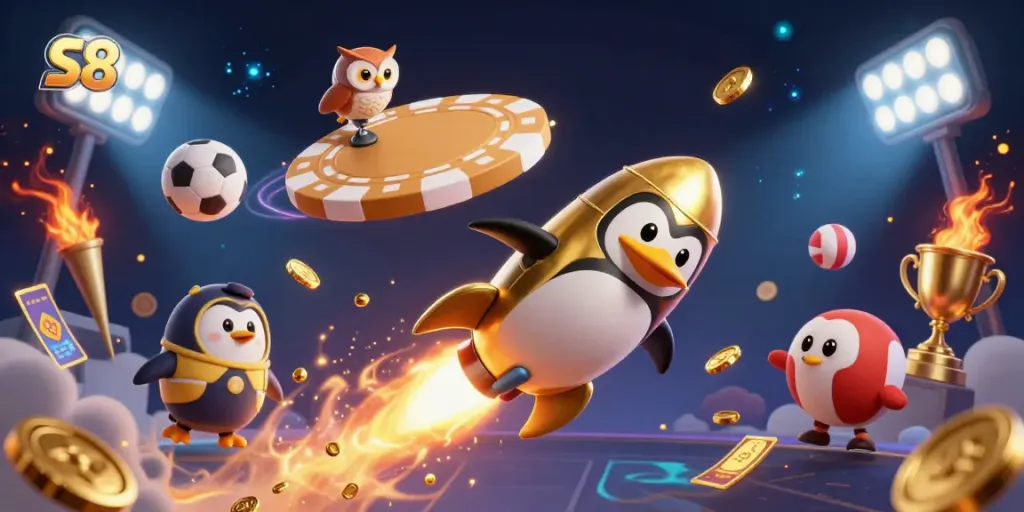 S8 offers dynamic sports betting experiences, featuring a golden penguin and casino elements.
