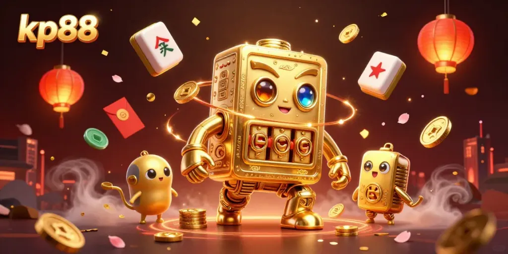 Engage with kp88 featuring an animated golden golem amidst a vibrant casino scene filled with gaming symbols.