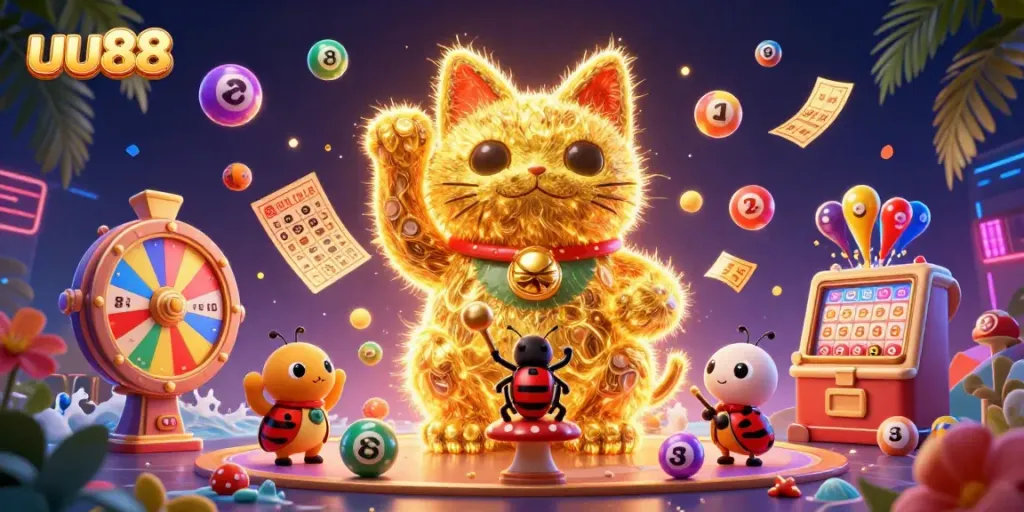 Experience the excitement of uu88 in a vibrant 3D cartoon illustration featuring a waving lucky cat and casino symbols.