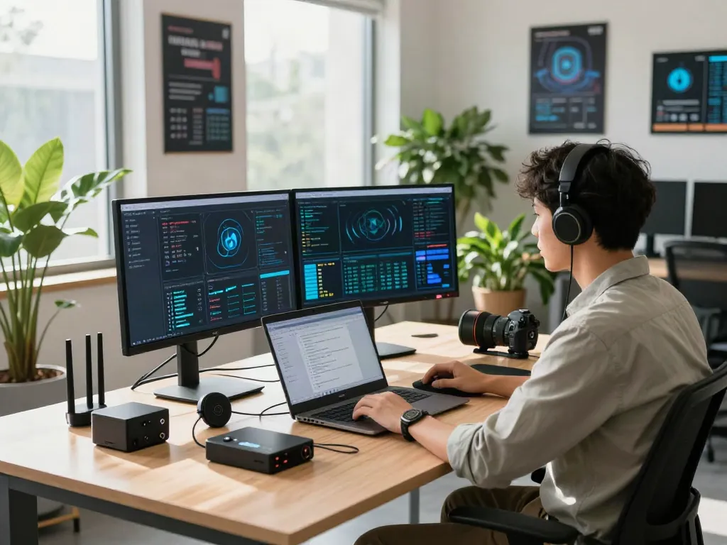 Cybersecurity workspace highlighting pecah404 data encryption practices, featuring tech gadgets and analytics.