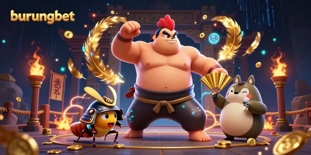 Gambar ilustrasi 3D burungbet dengan sumo ayam, cricket samurai, dan tanuki pengumum di arena.