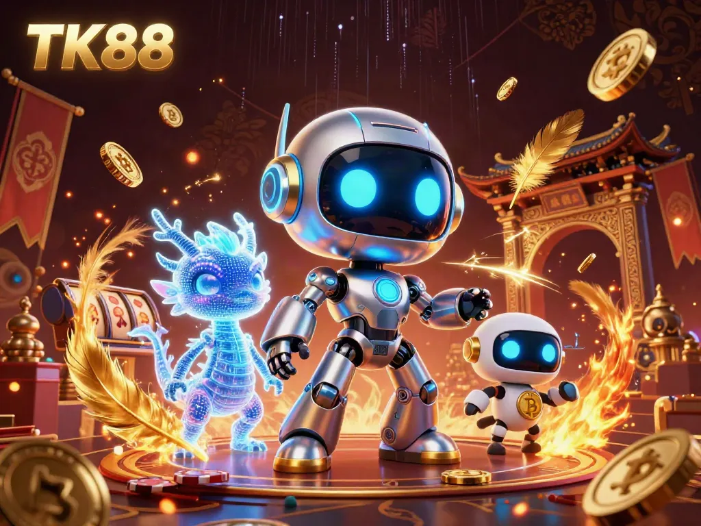 Engage with TK88's exciting casino gaming scene, showcasing a vibrant 3D illustration of a cyberpunk robot with gaming elements.