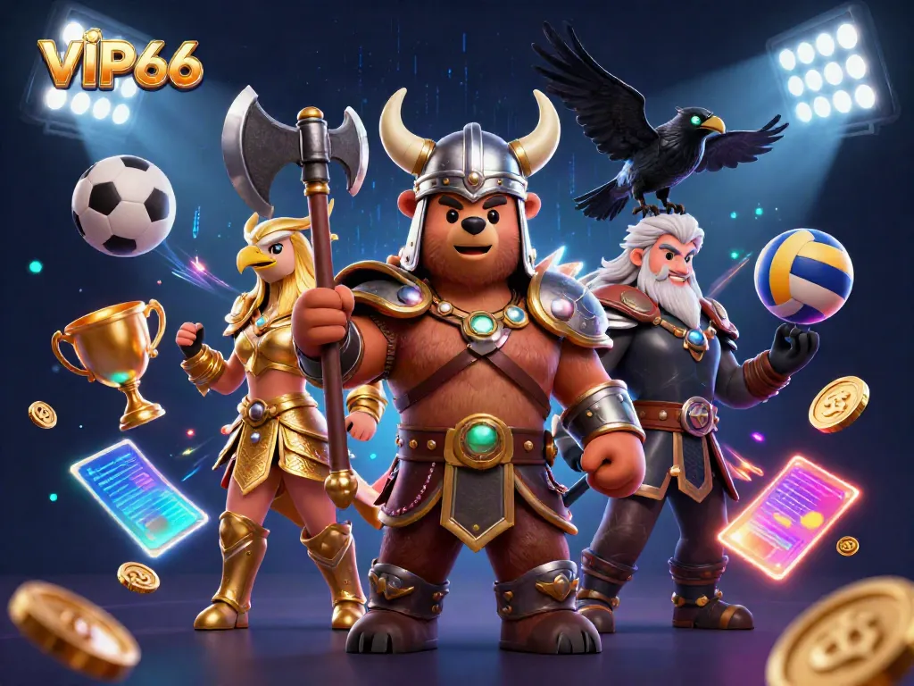 Experience the excitement of VIP66 with a Viking bear, Valkyrie eagle, and dynamic sports elements.