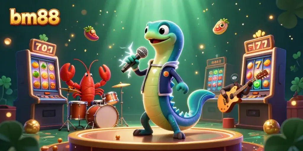 Engaging underwater casino scene featuring bm88 electric eel DJ amidst slot machines and lively characters.