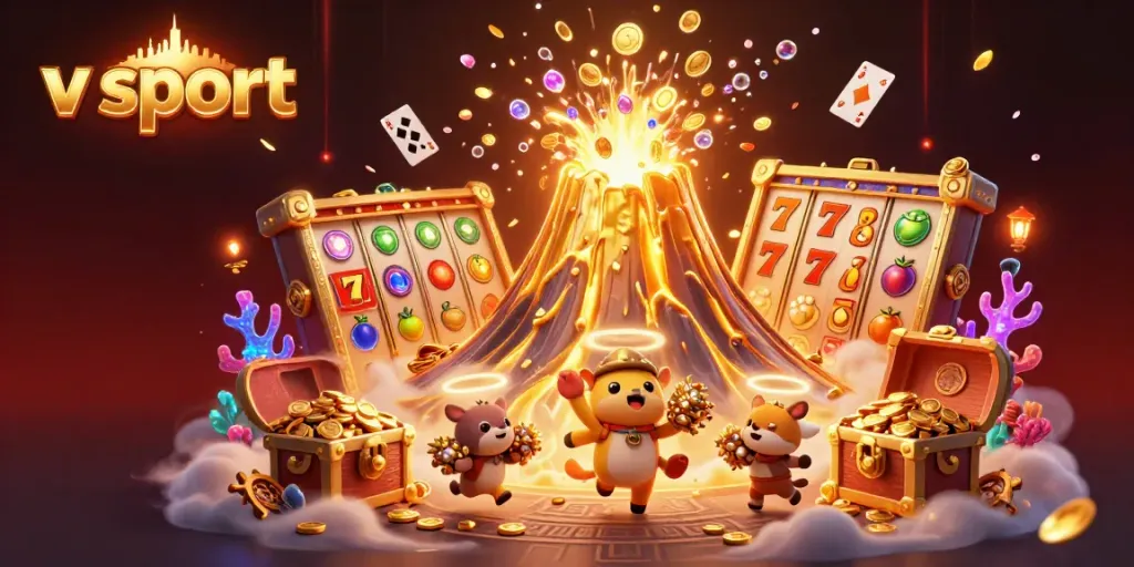 Experience the thrill of v sport with a dynamic scene of a golden volcano bursting coins and treasures.