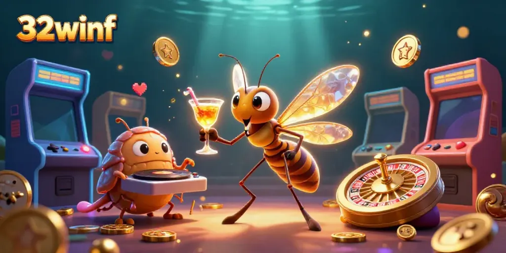 Engage with 32winf's exciting casino world featuring a colorful 3D scene with characters and game elements.