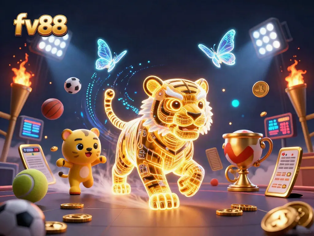 Experience the excitement of fv88 with a dynamic digital casino scene featuring a golden tiger and sports elements.