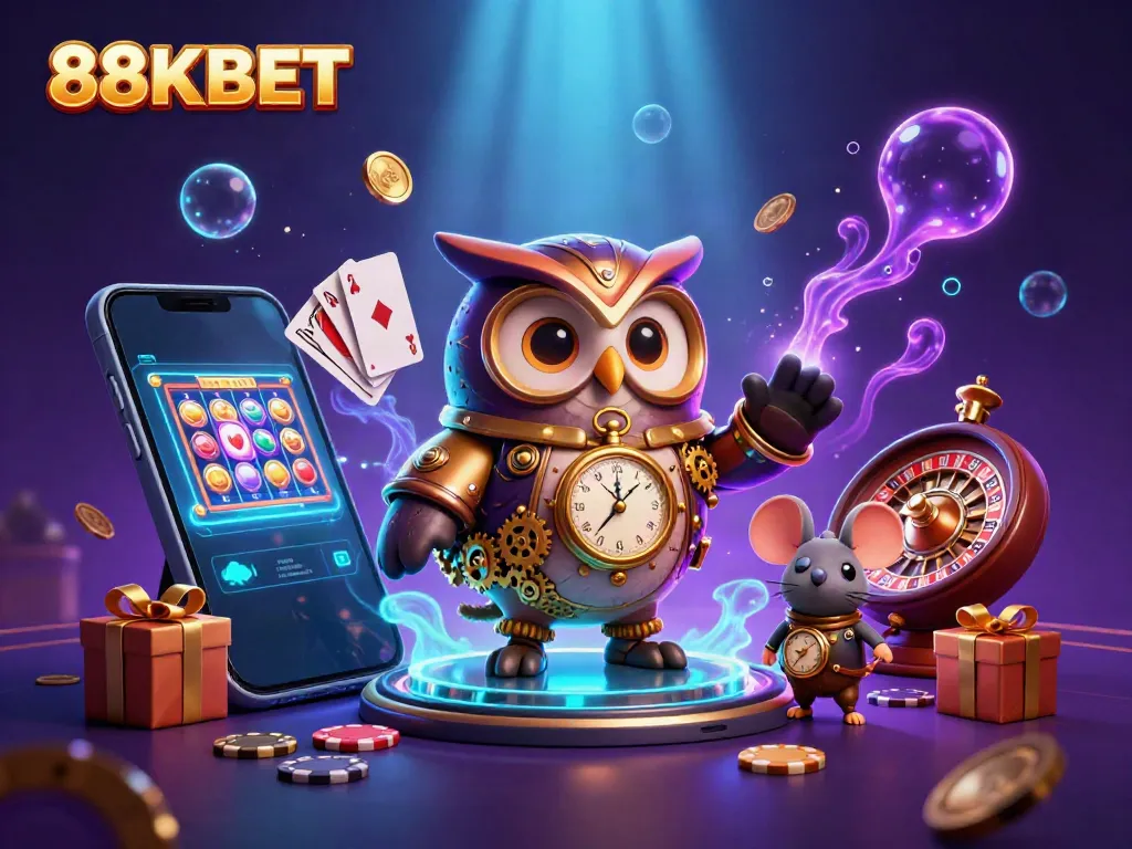 88KBET introduces an immersive 3D casino scene featuring a time-traveler owl, golden coins, and vibrant slot games.