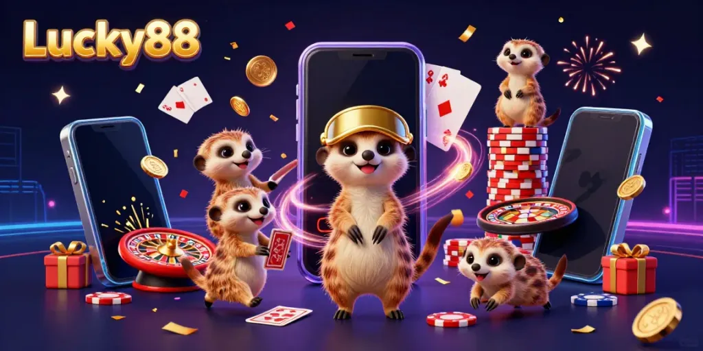 Experience the excitement of Lucky88 as meerkats enjoy a vibrant casino scene with engaging game elements.