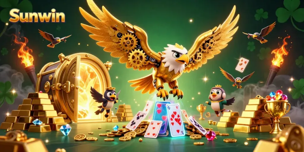 Experience the excitement of Sunwin's online gaming showcased by a vibrant scene with dazzling treasure and card elements.