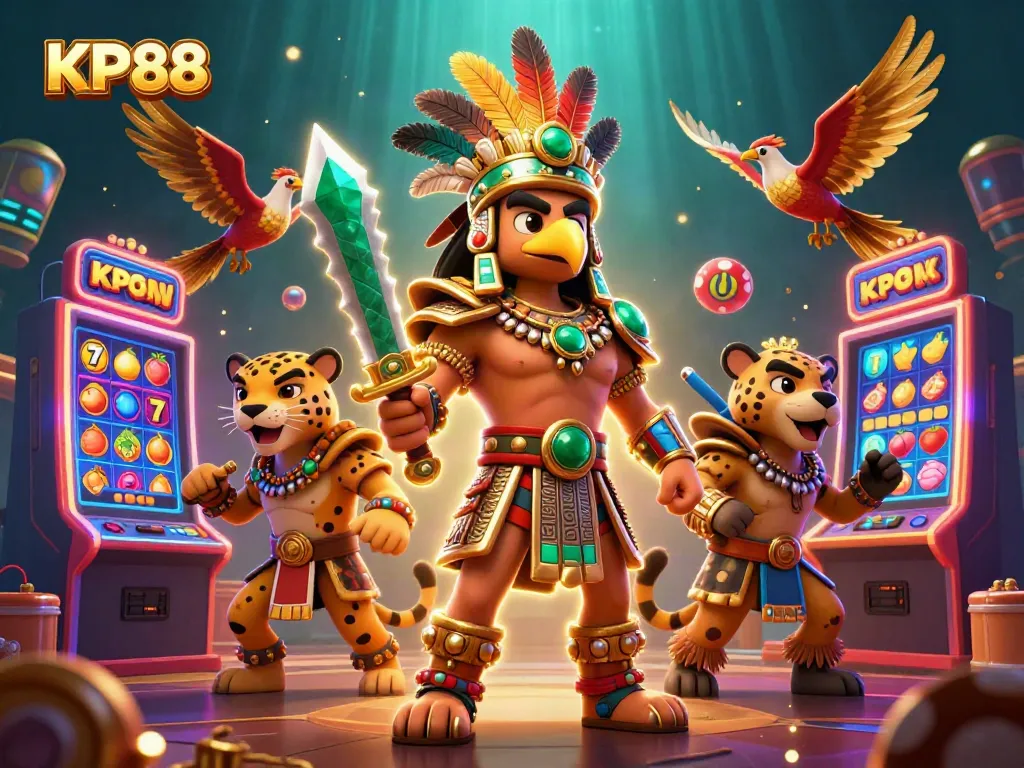 Experience KP88 in a vibrant 3D casino scene featuring an Aztec eagle warrior and exciting slot machines.