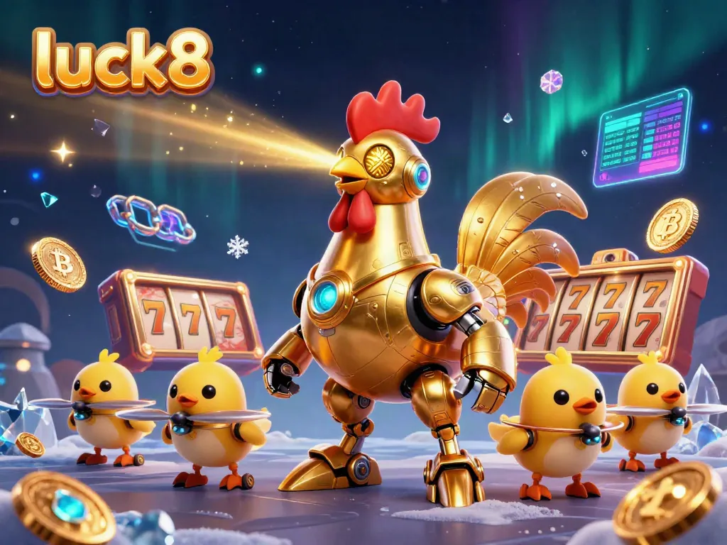 Luck8's golden rooster robot engaged in dynamic casino action with vibrant slots and crypto elements.