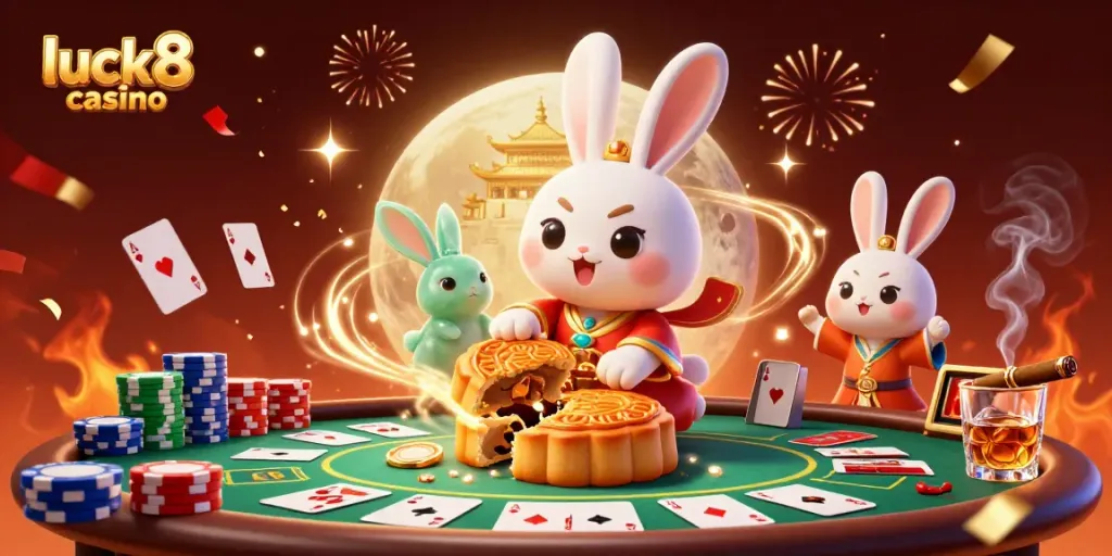 Experience exciting gameplay at luck8 casino with a whimsical depiction of a moon rabbit featuring poker elements.