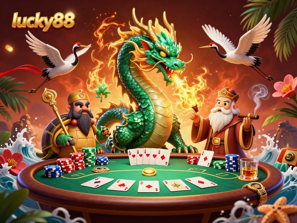Engage with lucky88’s vibrant casino world, featuring a jade dragon, turtle sage, and lucky cranes amidst poker elements.