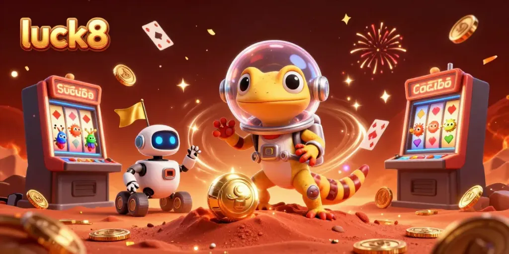 Experience excitement at luck8 with a Martian gecko discovering a gold casino in a stunning 3D scene.
