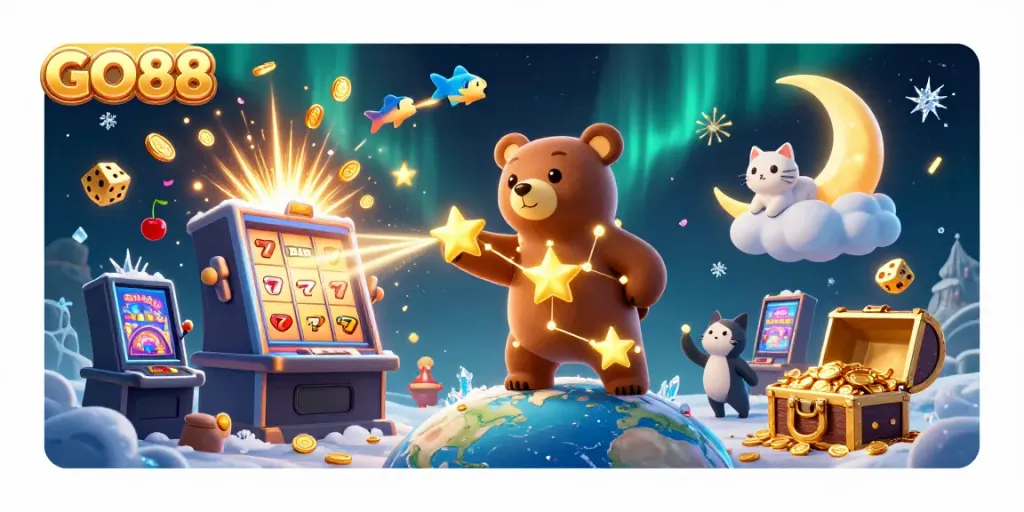 Experience the thrill of GO88 with a vibrant scene of casino magic, showcasing slots and lively characters.