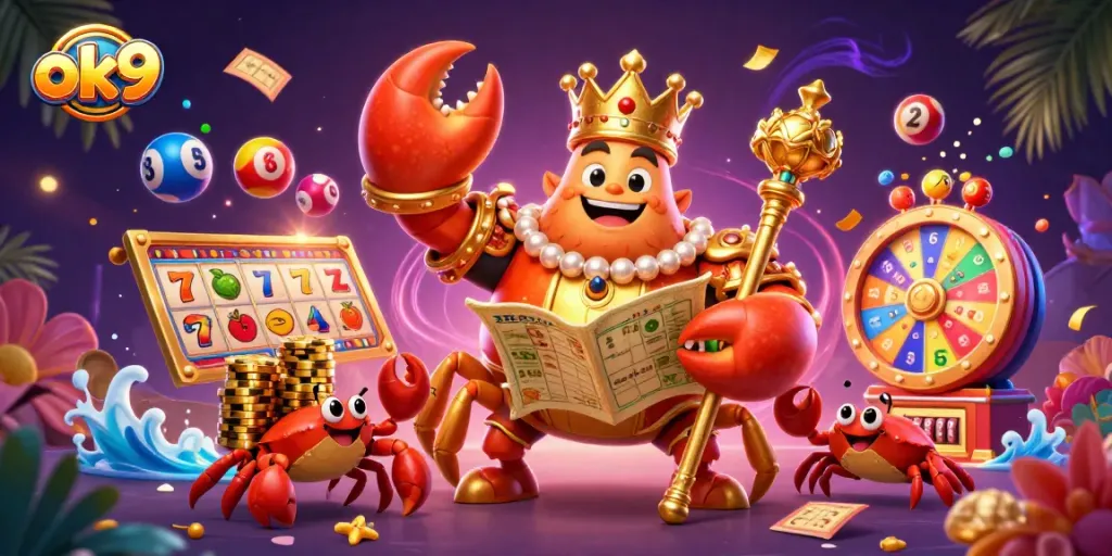 Immerse in the vibrant gaming world with ok9's golden crab emperor amidst dazzling casino elements.