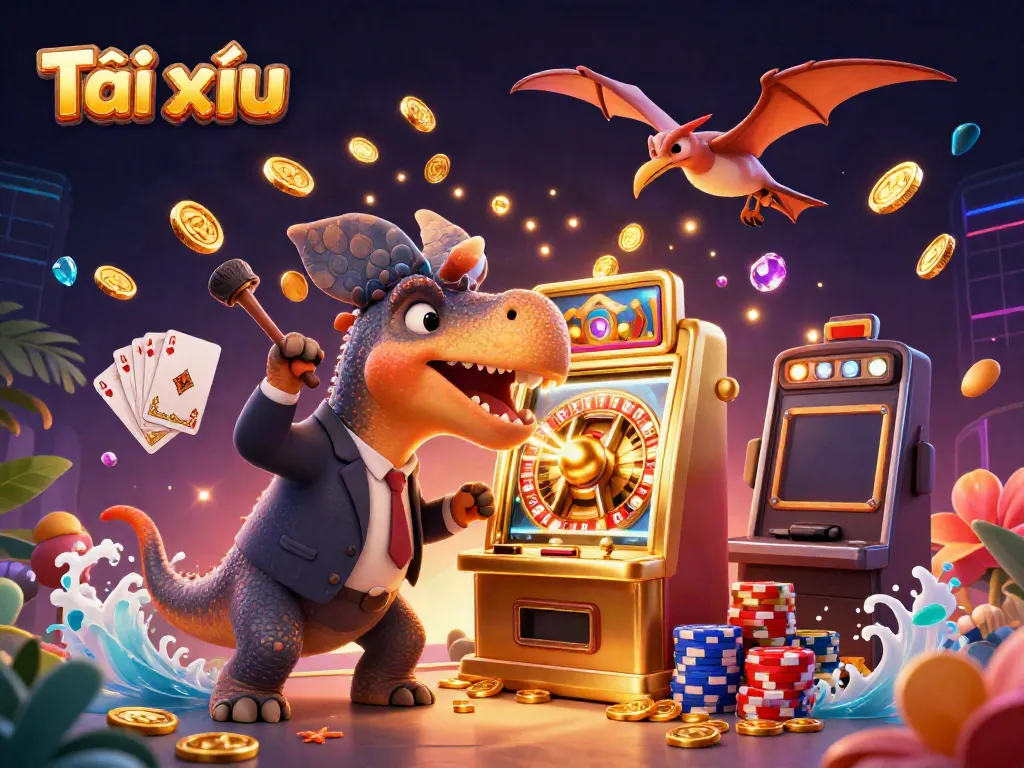 Tài xỉu scene: a cartoon pachycephalosaurus wins jackpot coins at a slot machine while a manager panics
