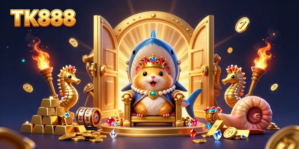 Experience thrilling gameplay with TK888 in this vibrant casino-themed illustration featuring a hamster king and treasures.