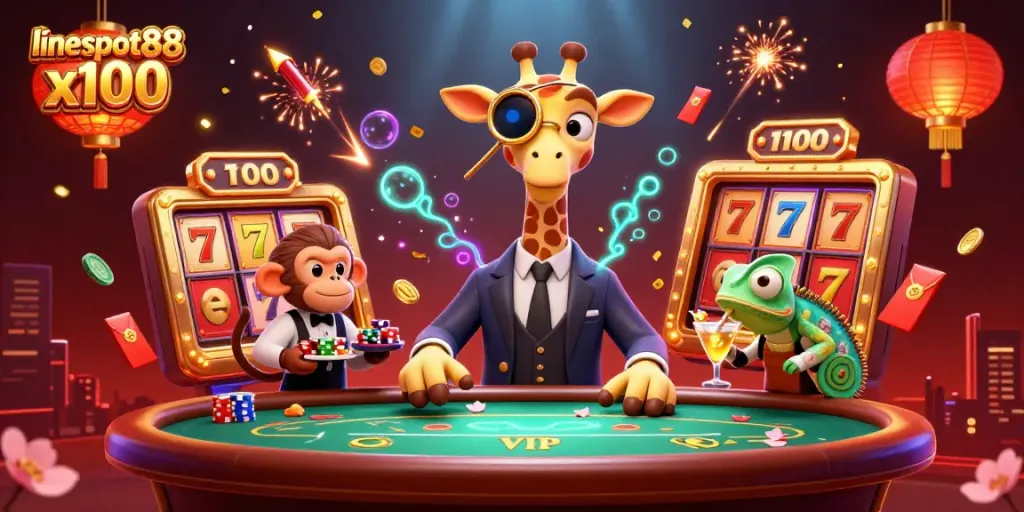 Engage with lineslot88 x100 through a vibrant 3D casino scene filled with animated characters, slot reels, and rich decorations.