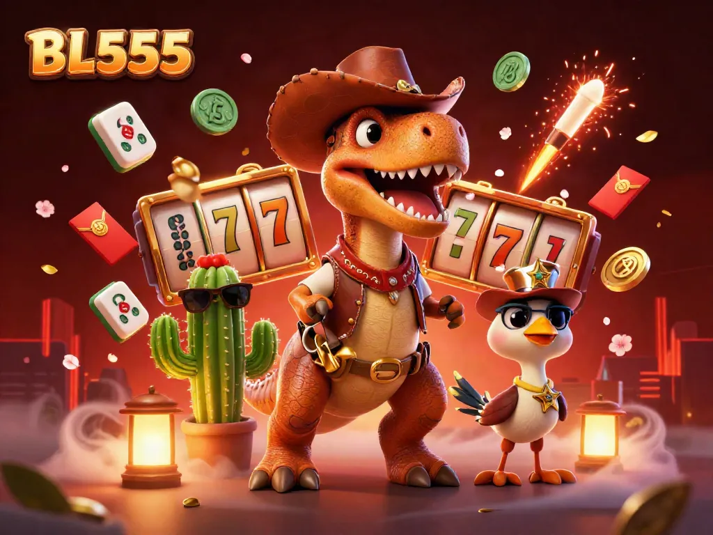 Capture thrilling moments at BL555 with T-Rex and friends celebrating jackpots amid vibrant casino elements.