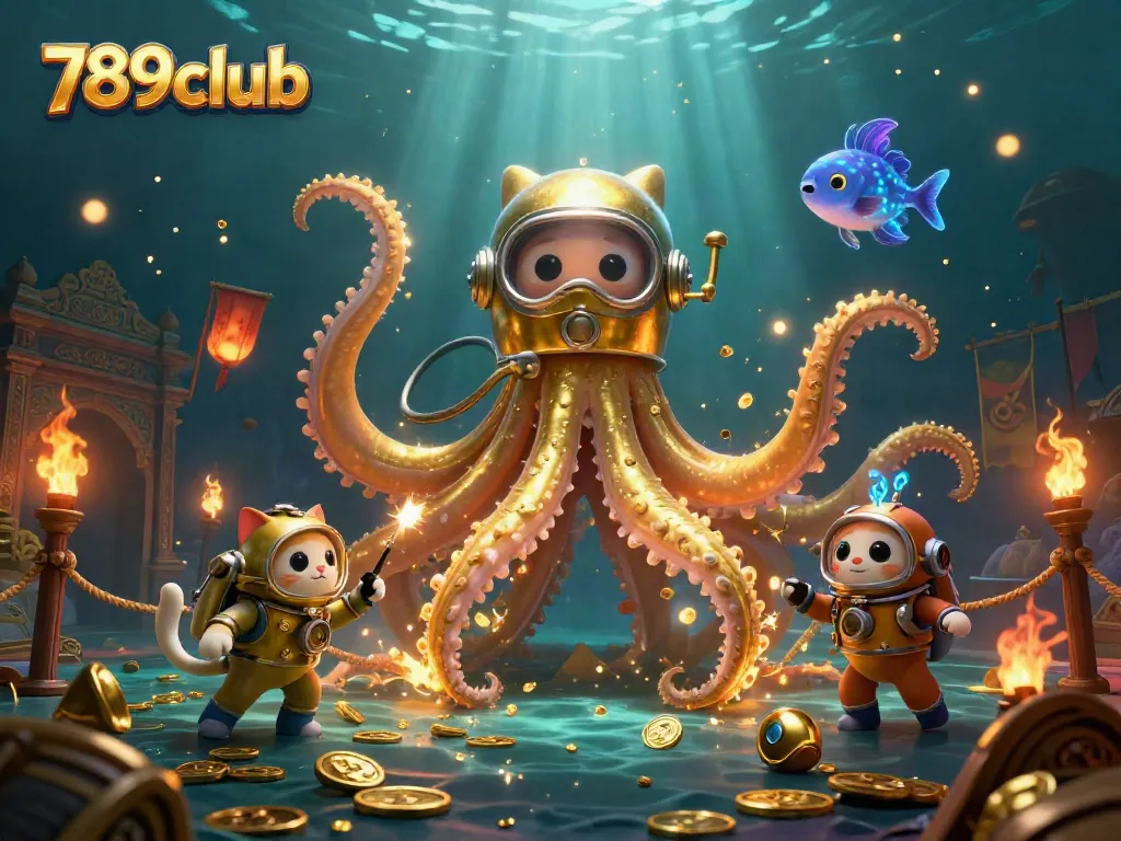 Experience thrilling gaming adventure at 789club with a kraken, diving cat, and underwater treasures.