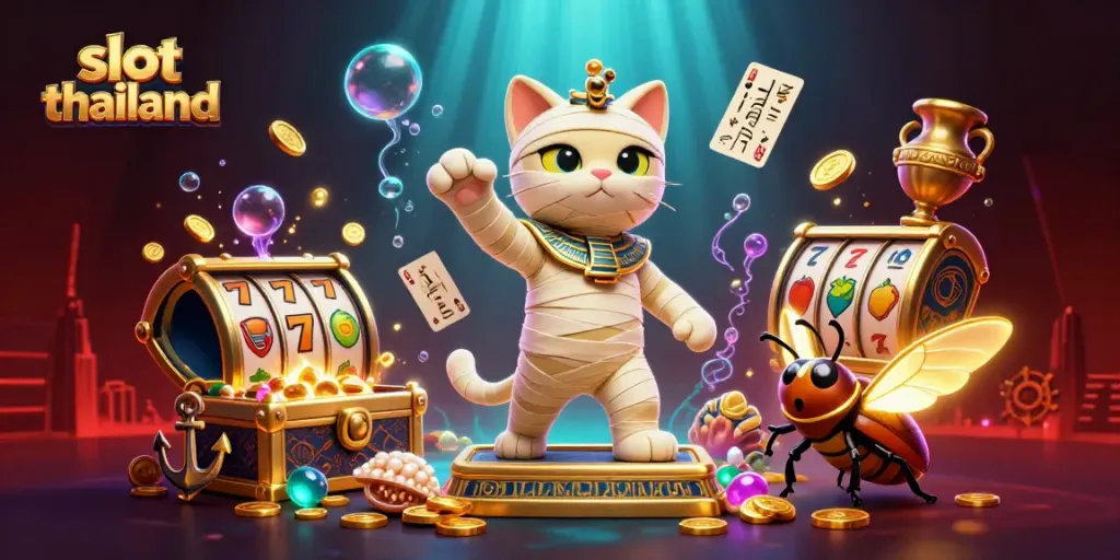 Experience the excitement of slot thailand with captivating visuals featuring a playful mummy cat, golden treasures, and vibrant casino elements.