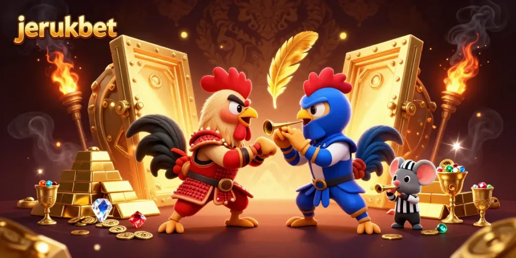 JERUKBET menyuguhkan duel seru antara ayam jantan samurai dan ninja, dikelilingi kekayaan dan cahaya emas.