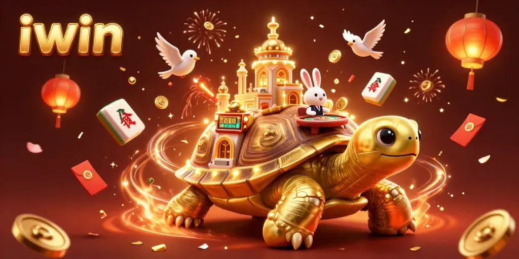 iwin showcases a lively casino scene featuring a golden tortoise and a rabbit dealer amidst floating mahjong tiles.