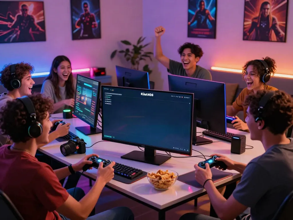 Friends enjoying multiplayer gaming on Kilat404 platform with vibrant atmosphere.
