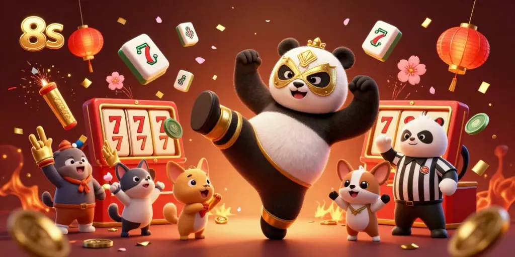 8S gaming action with a lucha libre panda and chihuahua referee amidst slot reels and festive elements.