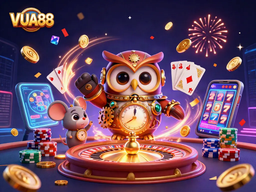 Experience VUA88's thrilling casino action with an animated scene of vivid games and energetic characters.
