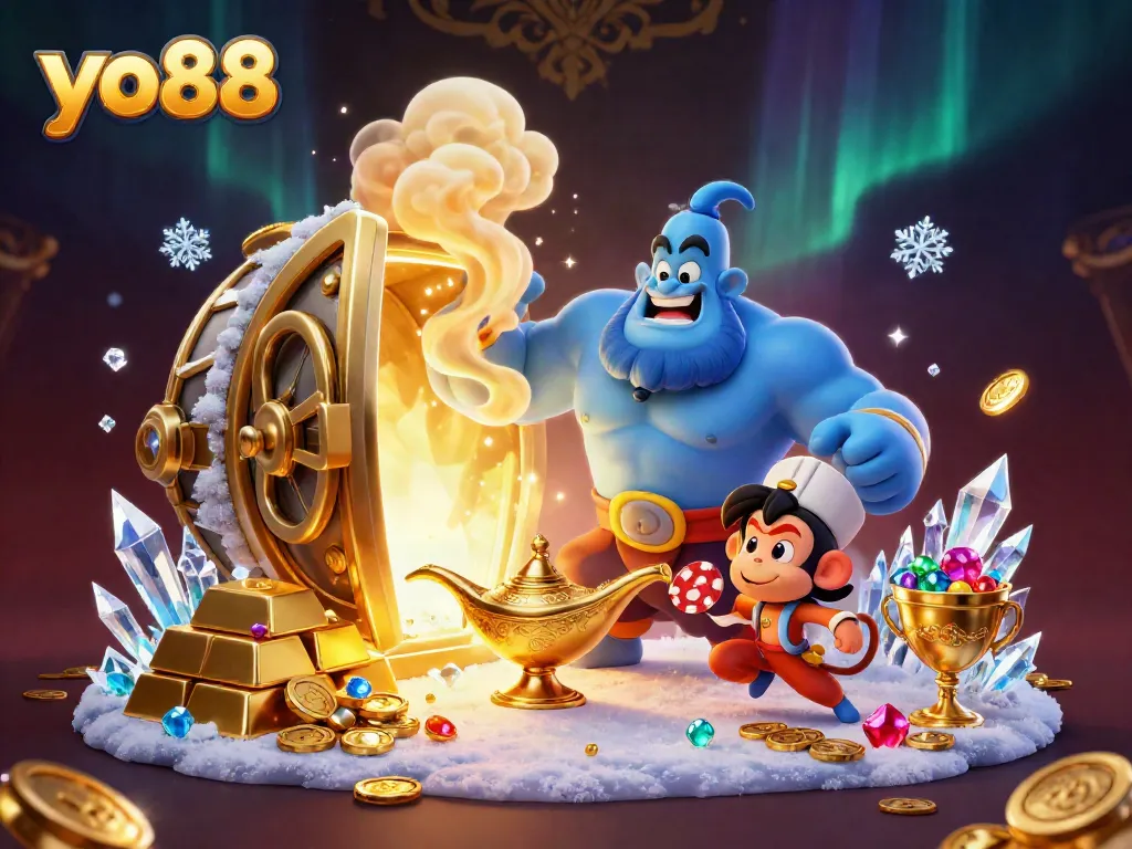 Experience thrilling gameplay at yo88 with a magical scene of a genie and treasures.