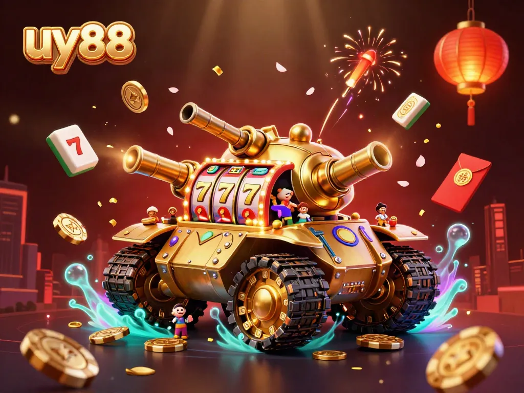 Experience excitement at uy88 with a vibrant 3D casino scene showcasing a golden beetle tank and spinning slot reels.
