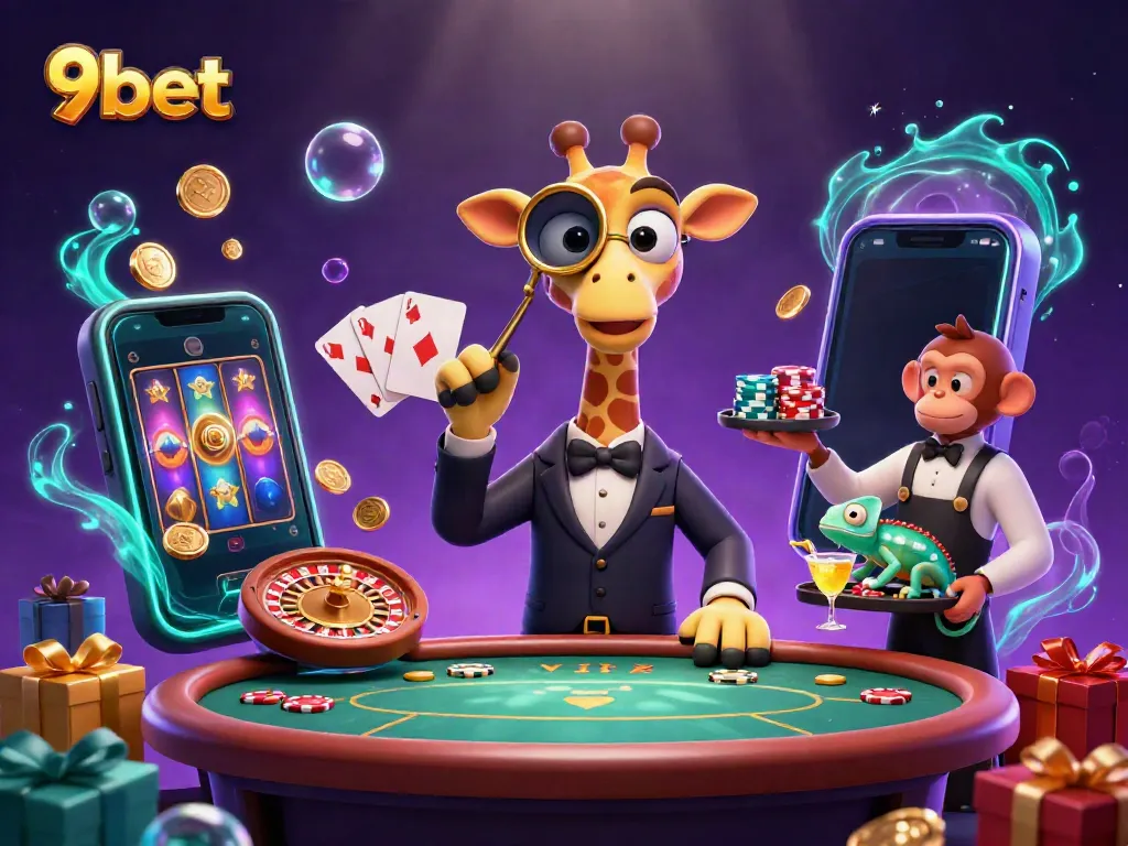 Experience the exciting world of 9bet with characters enjoying casino games and abundant rewards.