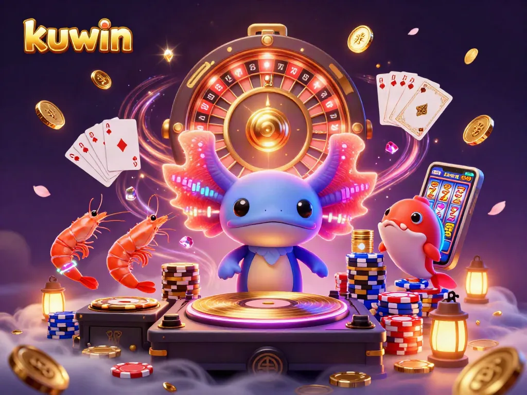 Join the excitement at kuwin as a neon axolotl DJ spins winning records in a vibrant casino scene.