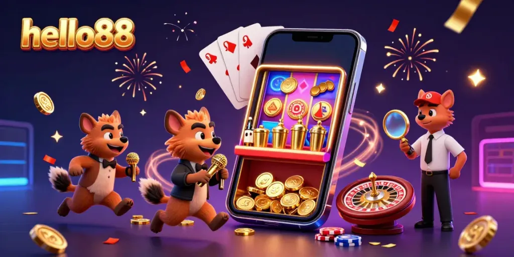 Engage in the excitement of hello88 as cartoon hyenas bring the casino to life with comedy, drinks, and security.