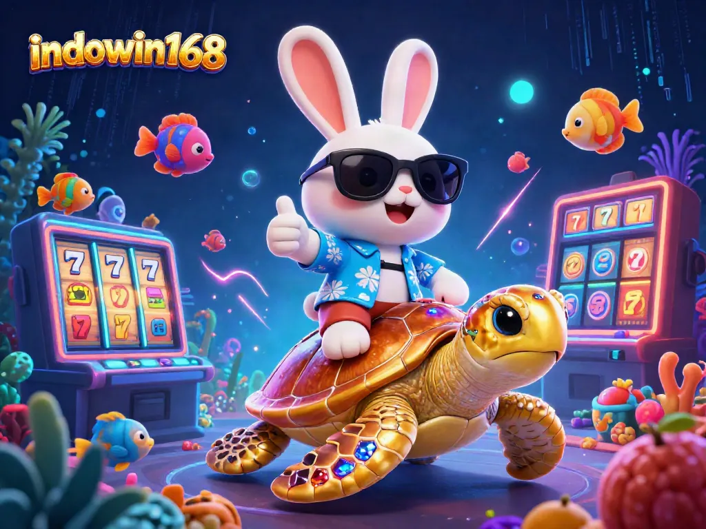 Experience winning thrills with indowin168 as a cartoon lucky rabbit rides a golden turtle in a vibrant casino.