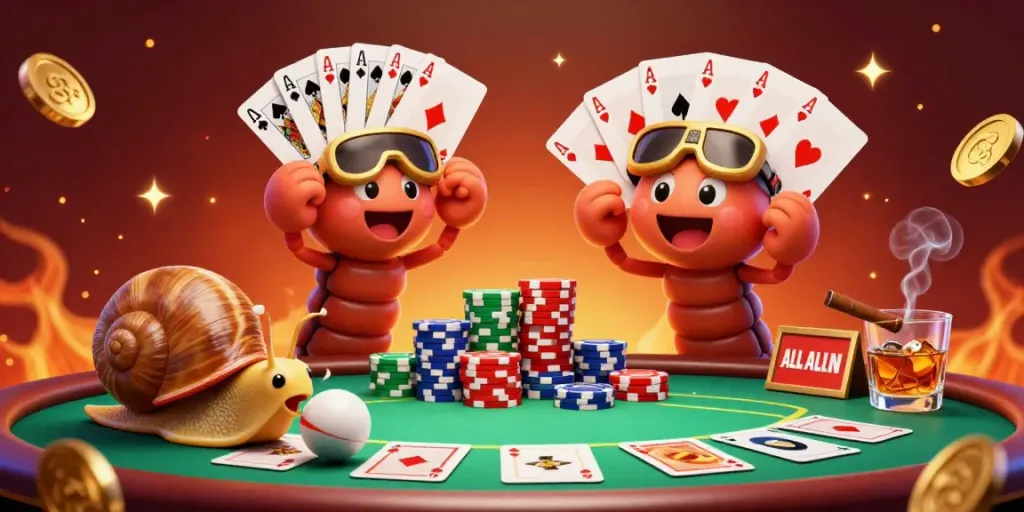 Dalam momen seru, xgslot88 memperlihatkan dealer millipede unik dengan kartu, kerang, dan tumpukan chip di kasino virtual.