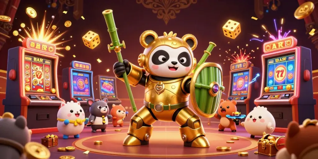 Experience thrilling gameplay at uu88 as a golden panda battles while the jackpot explodes with coins in a vibrant casino arena.