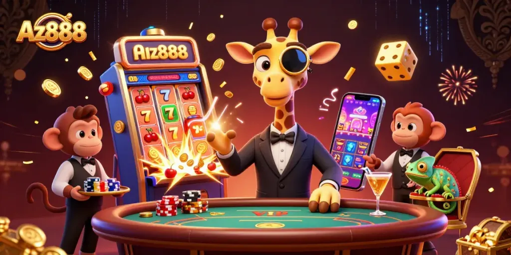 Join Az888's high-stakes excitement as the giraffe bets big at the casino table with coins and cocktails!